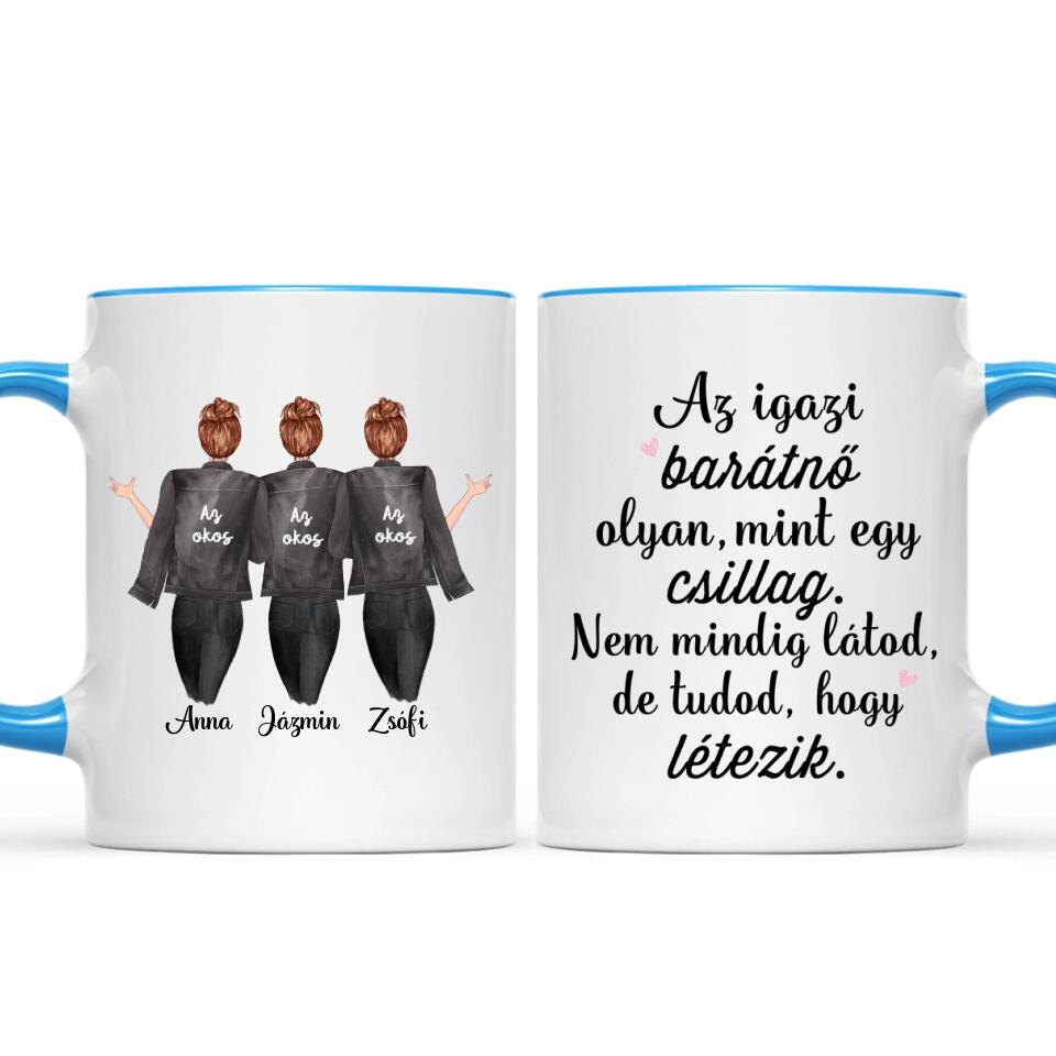 Egyedi barátnős bögre - 3 lány fekete dzsekivel