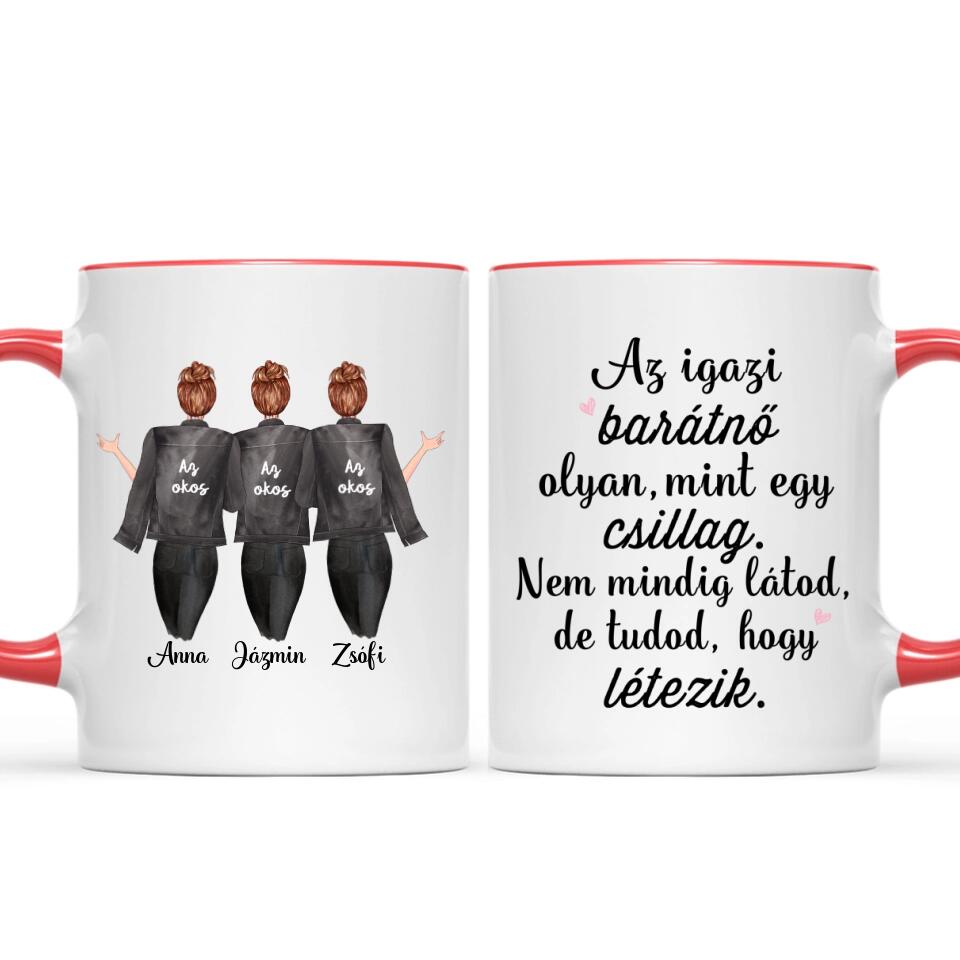 Egyedi barátnős bögre - 3 lány fekete dzsekivel