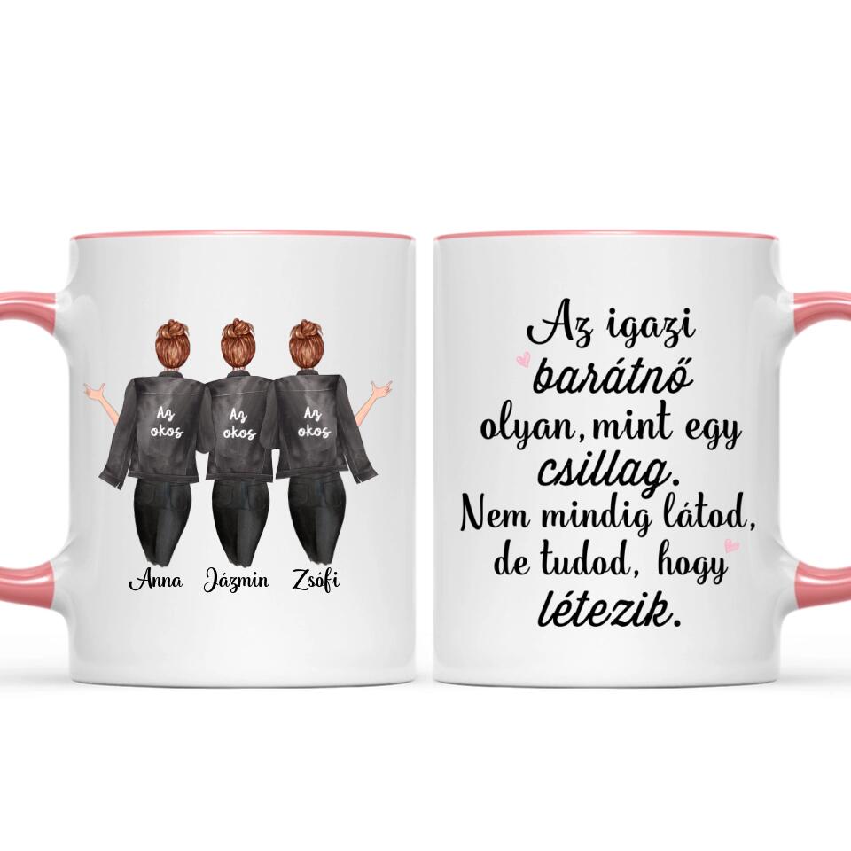 Egyedi barátnős bögre - 3 lány fekete dzsekivel