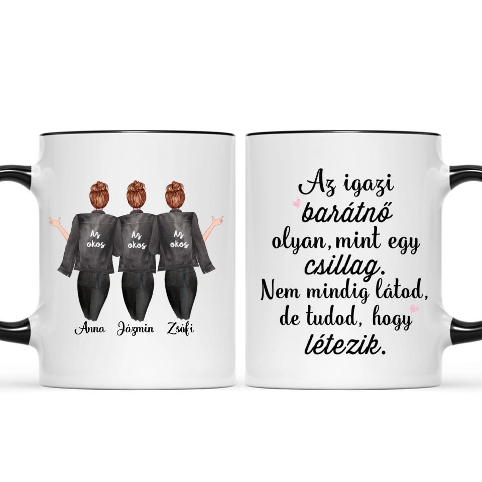 Egyedi barátnős bögre - 3 lány fekete dzsekivel