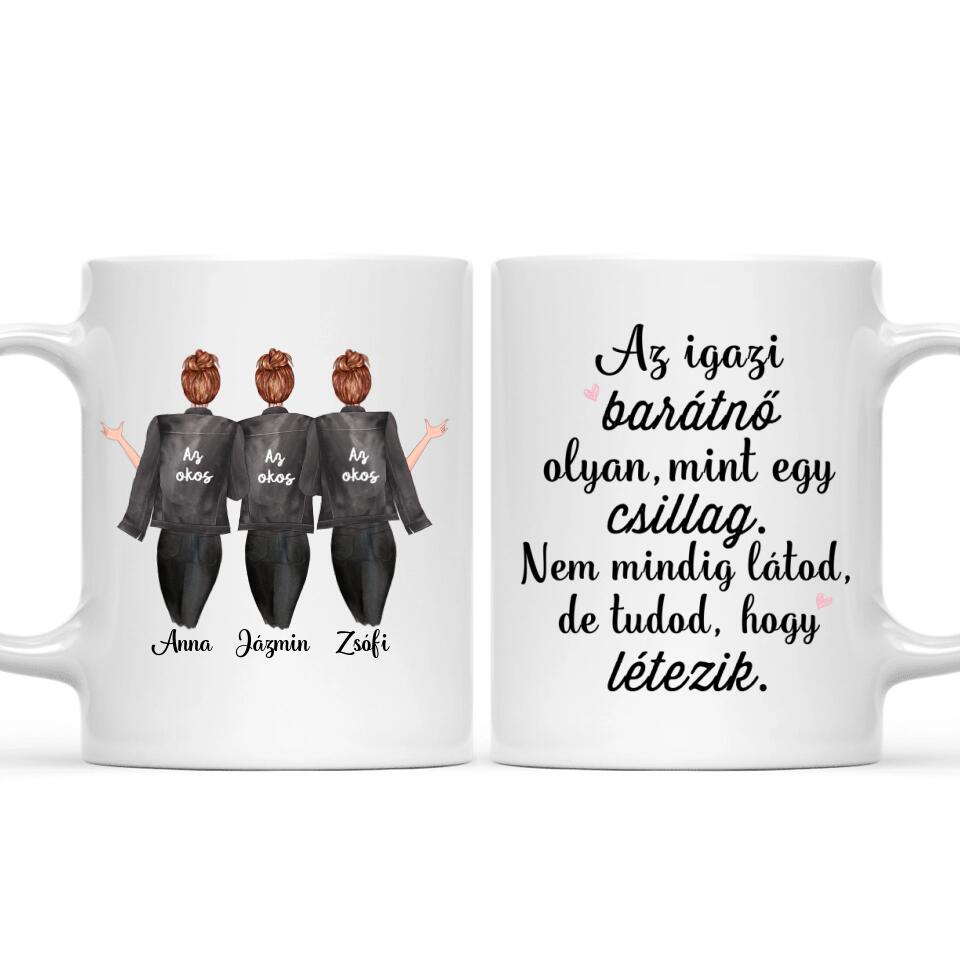 Egyedi barátnős bögre - 3 lány fekete dzsekivel