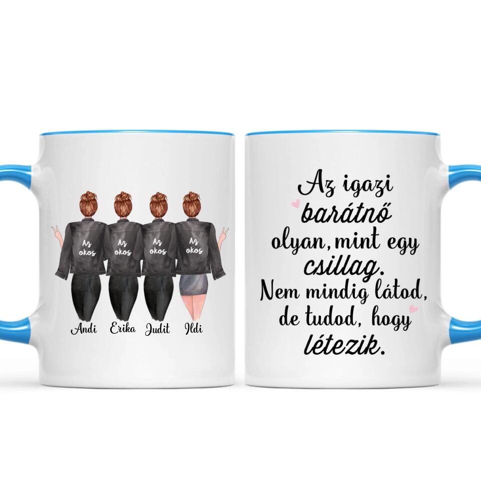 Egyedi barátnős bögre - 4 lány fekete dzsekivel