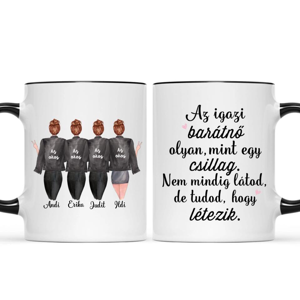 Egyedi barátnős bögre - 4 lány fekete dzsekivel