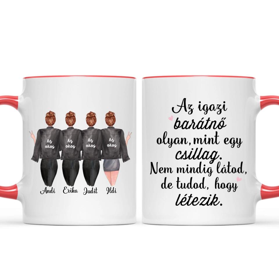 Egyedi barátnős bögre - 4 lány fekete dzsekivel