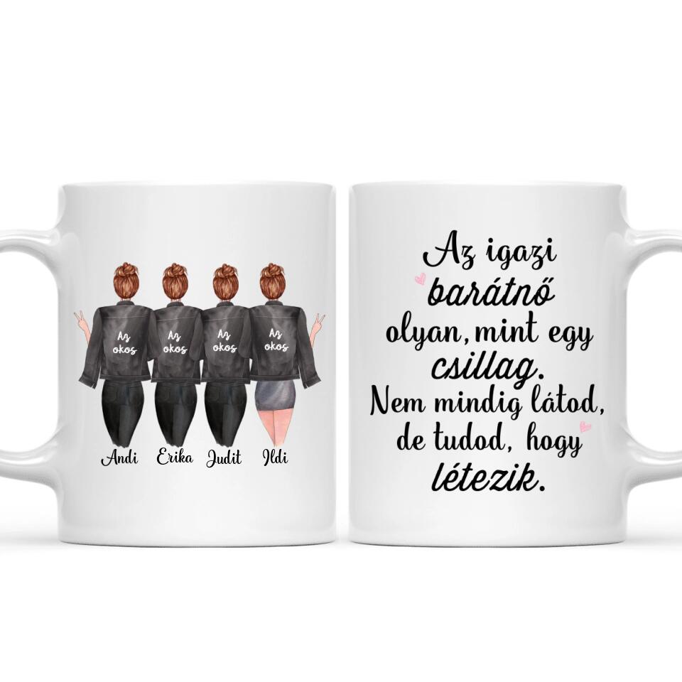 Egyedi barátnős bögre - 4 lány fekete dzsekivel