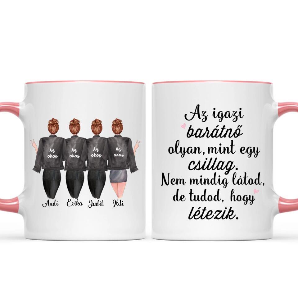 Egyedi barátnős bögre - 4 lány fekete dzsekivel