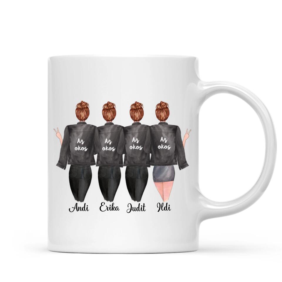 Egyedi barátnős bögre - 4 lány fekete dzsekivel