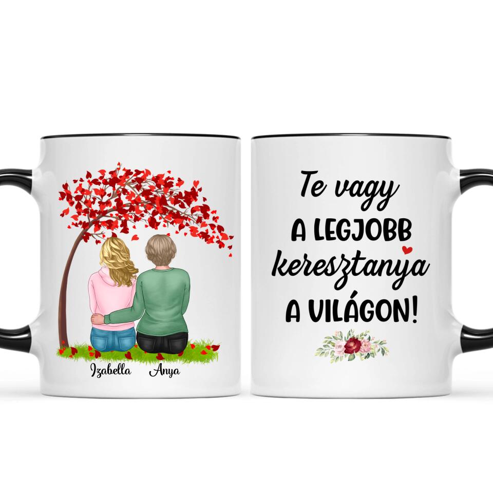Egyedi bögre keresztanyáknak - lányok a fa alatt