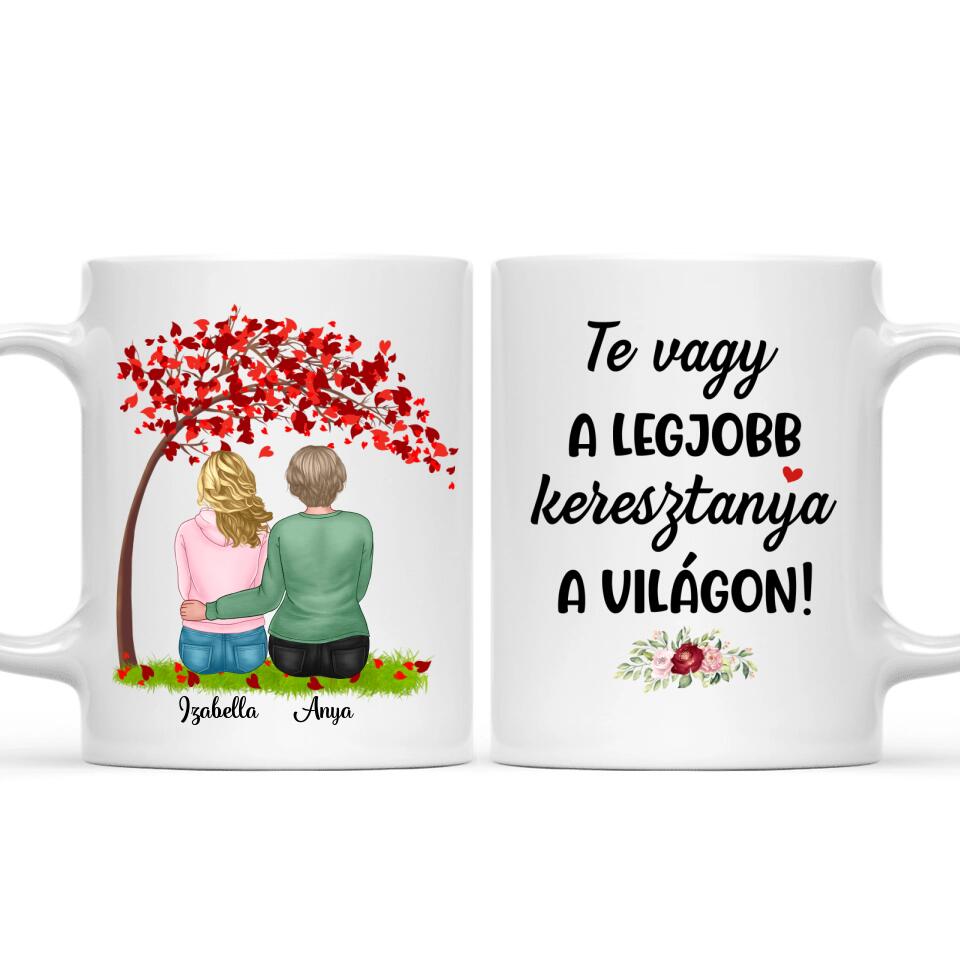 Egyedi bögre keresztanyáknak - lányok a fa alatt