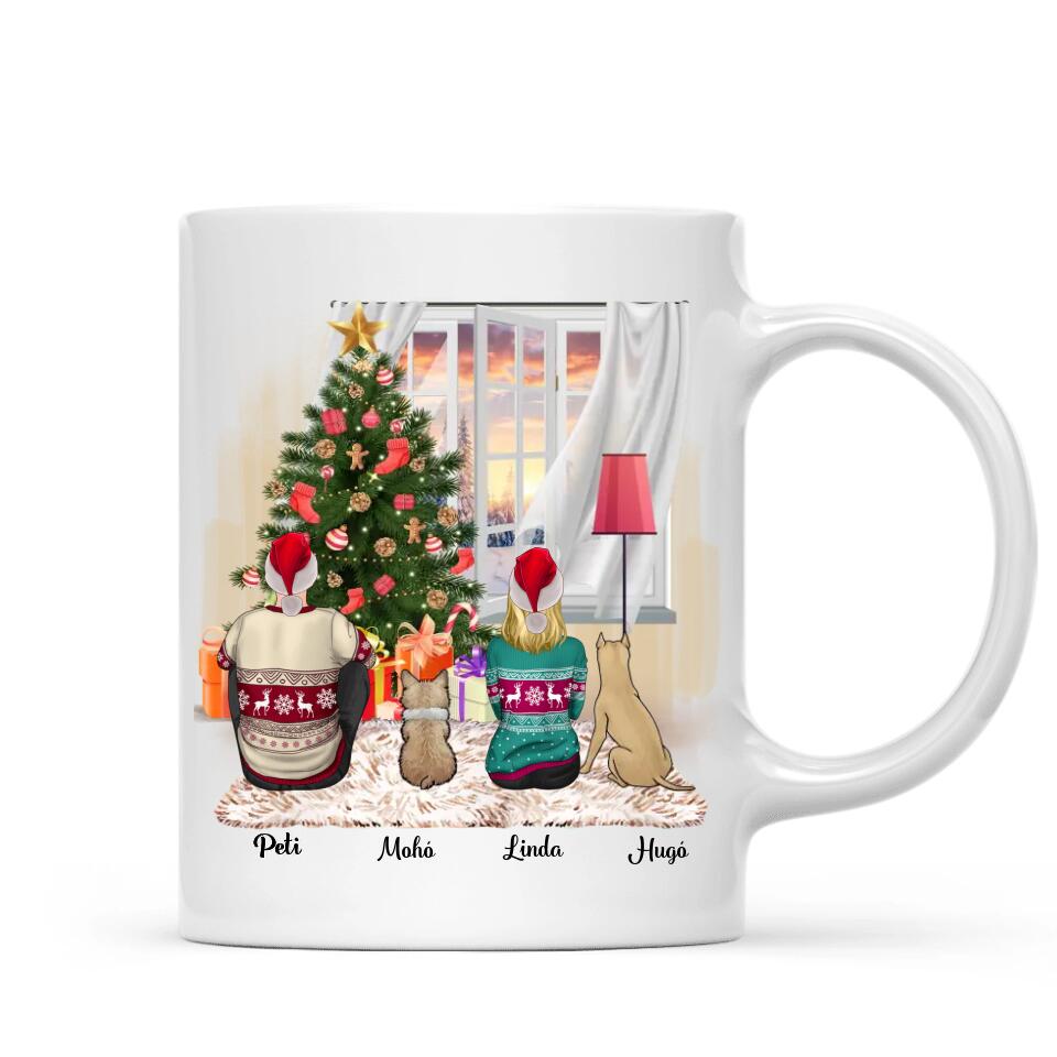 Egyedi kutyás karácsonyi bögre - szerelmespár &amp; 2 kutyus