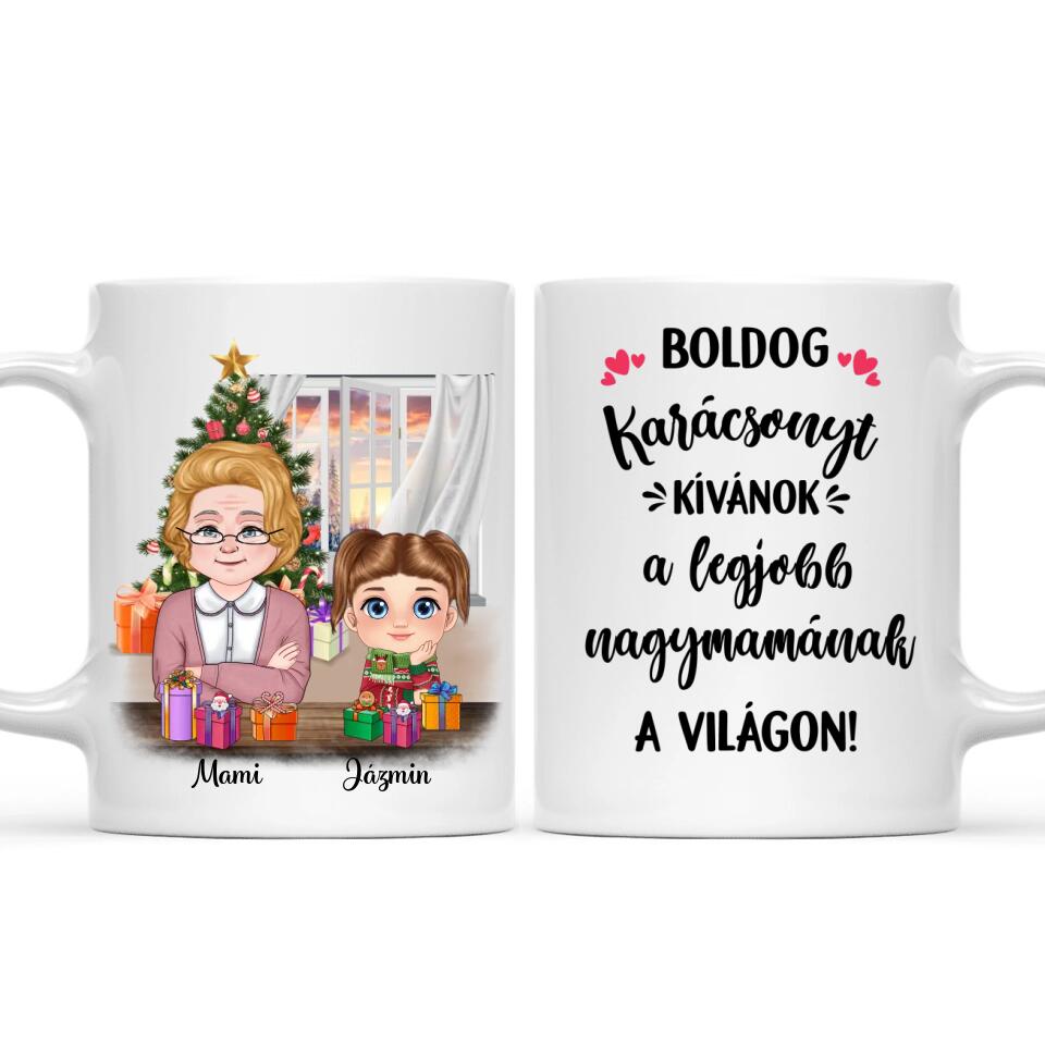 Egyedi karácsonyi bögre nagymamáknak, akár 3 unokával