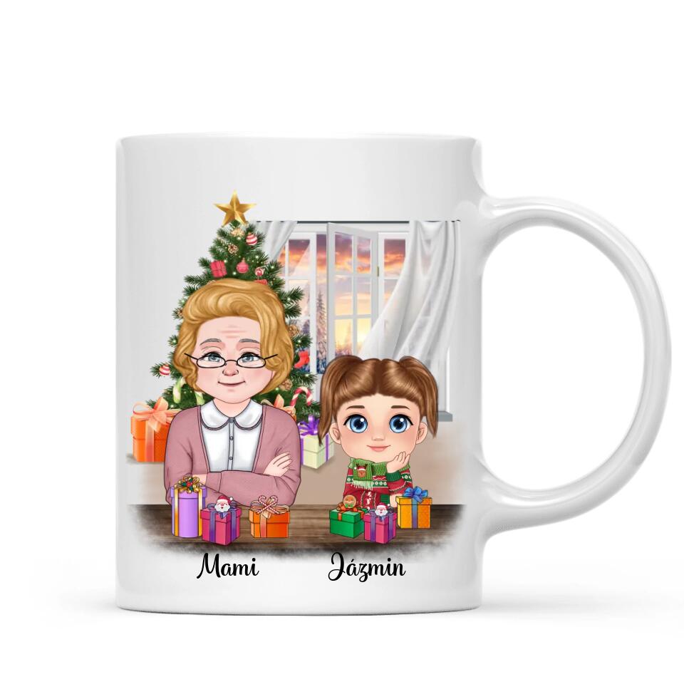 Egyedi karácsonyi bögre nagymamáknak, akár 3 unokával