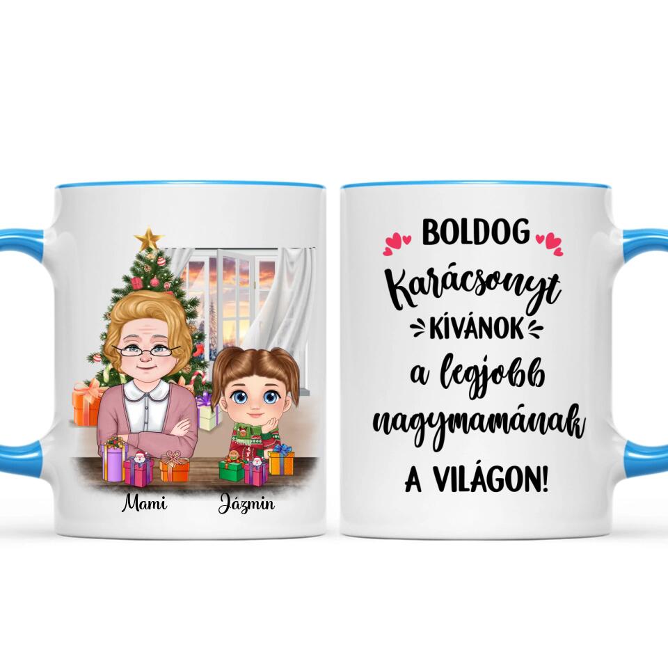Egyedi karácsonyi bögre nagymamáknak, akár 3 unokával