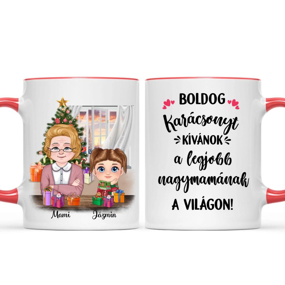 Egyedi karácsonyi bögre nagymamáknak, akár 3 unokával