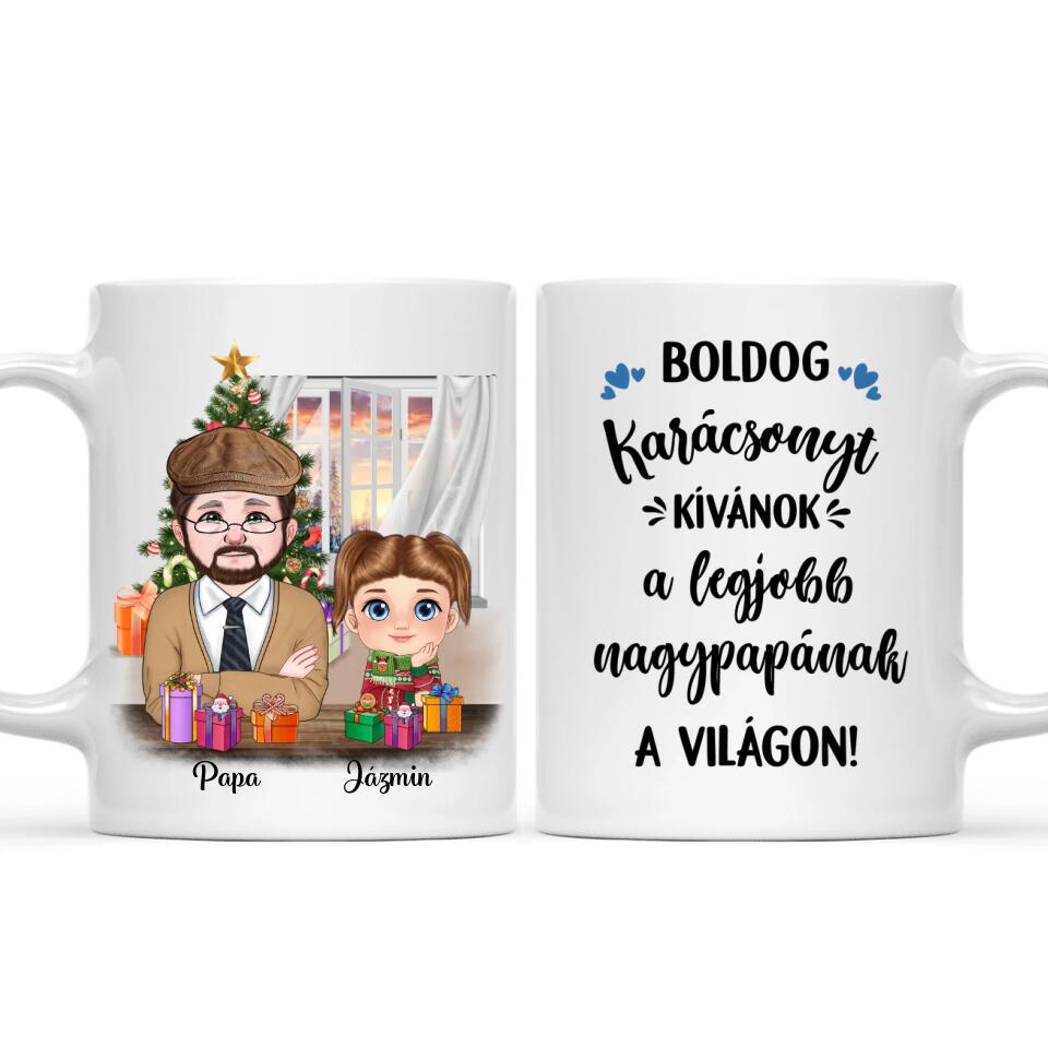 Egyedi karácsonyi bögre nagypapáknak, akár 3 unokával
