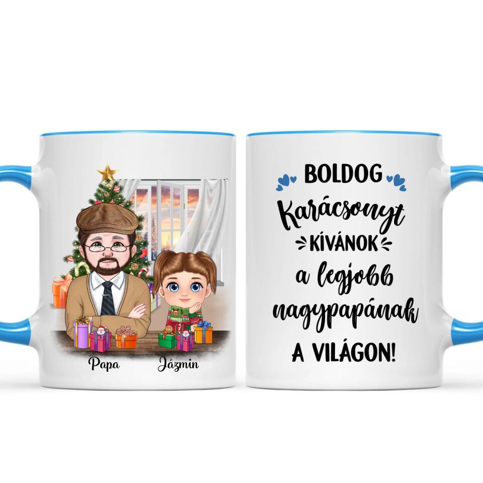 Egyedi karácsonyi bögre nagypapáknak, akár 3 unokával