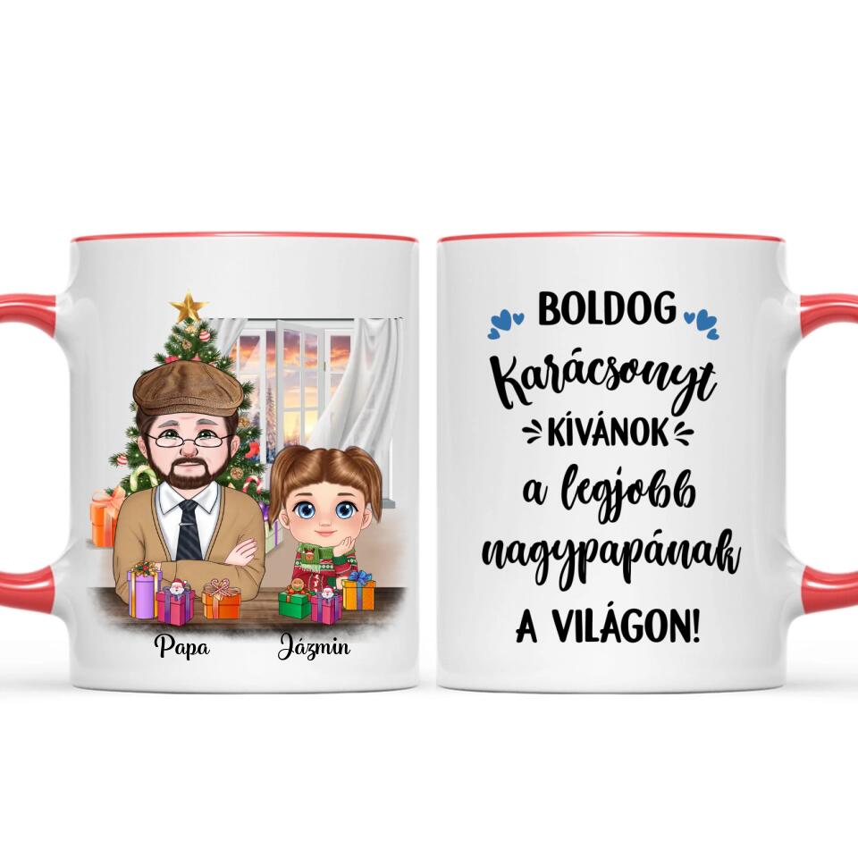 Egyedi karácsonyi bögre nagypapáknak, akár 3 unokával