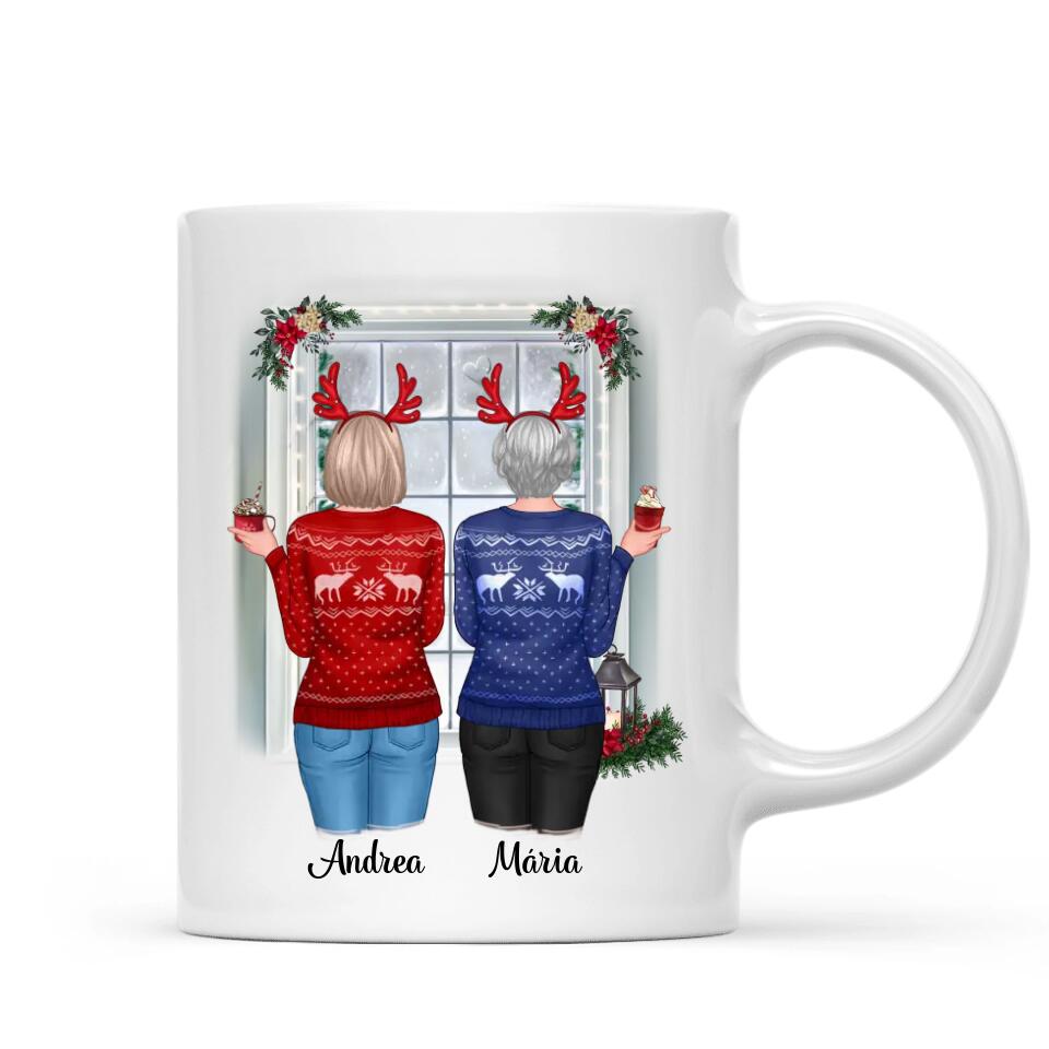 Egyedi karácsonyi bögre barátnőknek - lányok az ablaknál