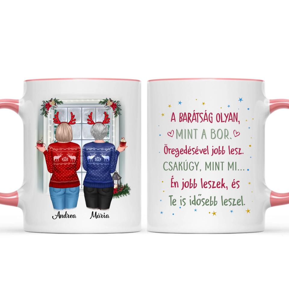 Egyedi karácsonyi bögre barátnőknek - lányok az ablaknál