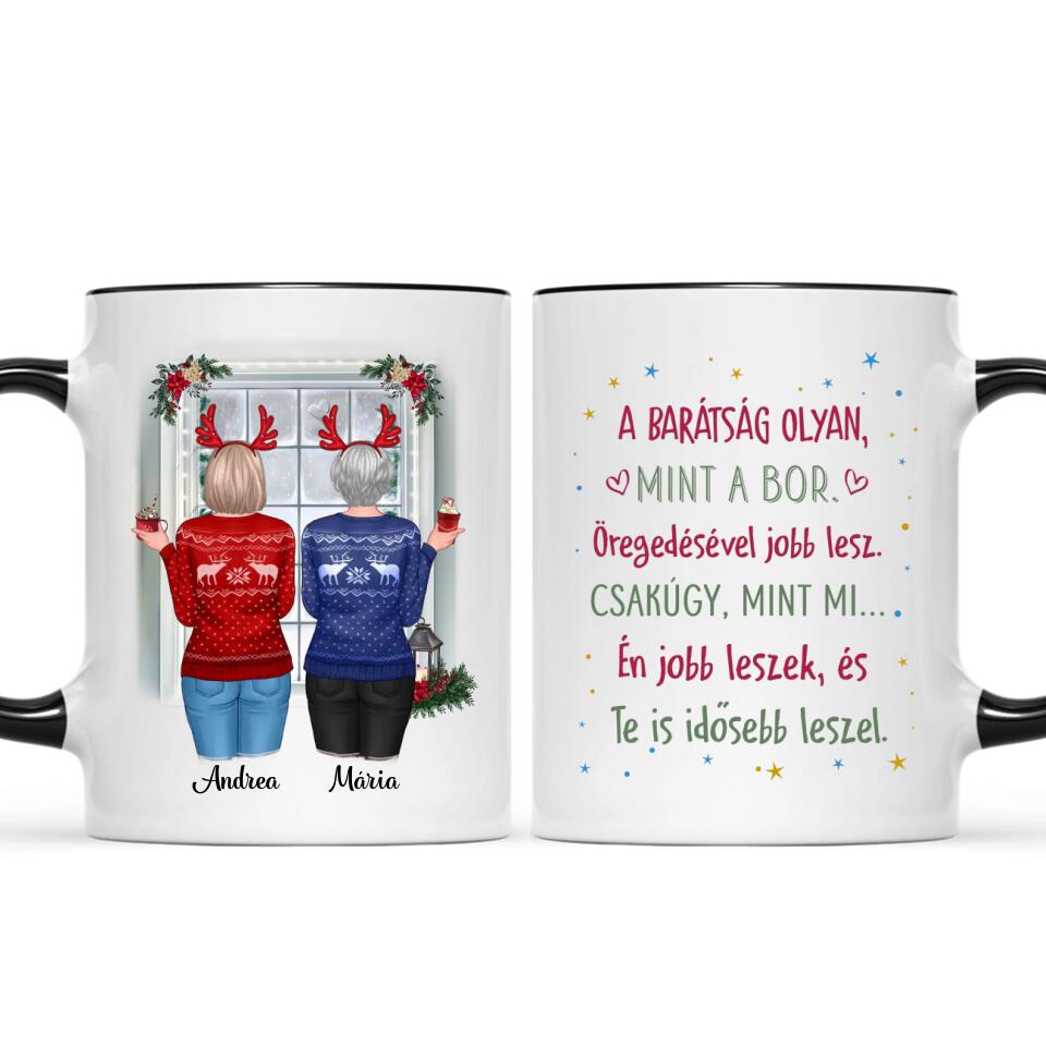 Egyedi karácsonyi bögre barátnőknek - lányok az ablaknál