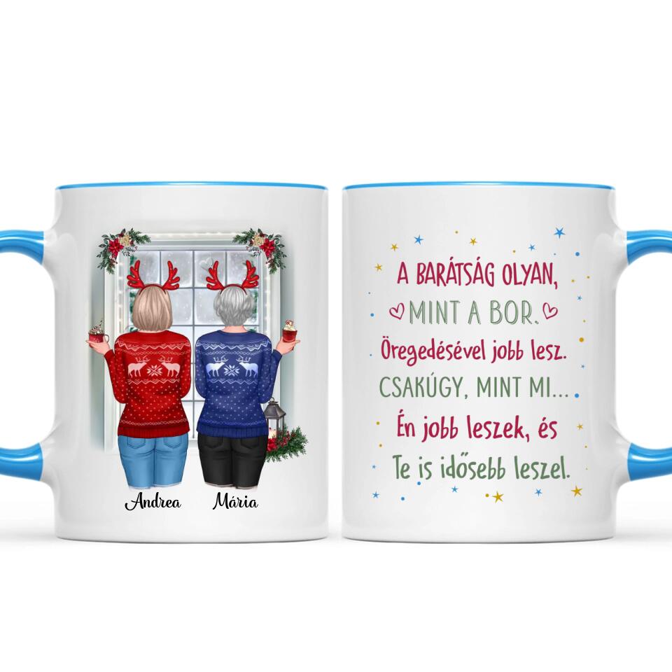 Egyedi karácsonyi bögre barátnőknek - lányok az ablaknál