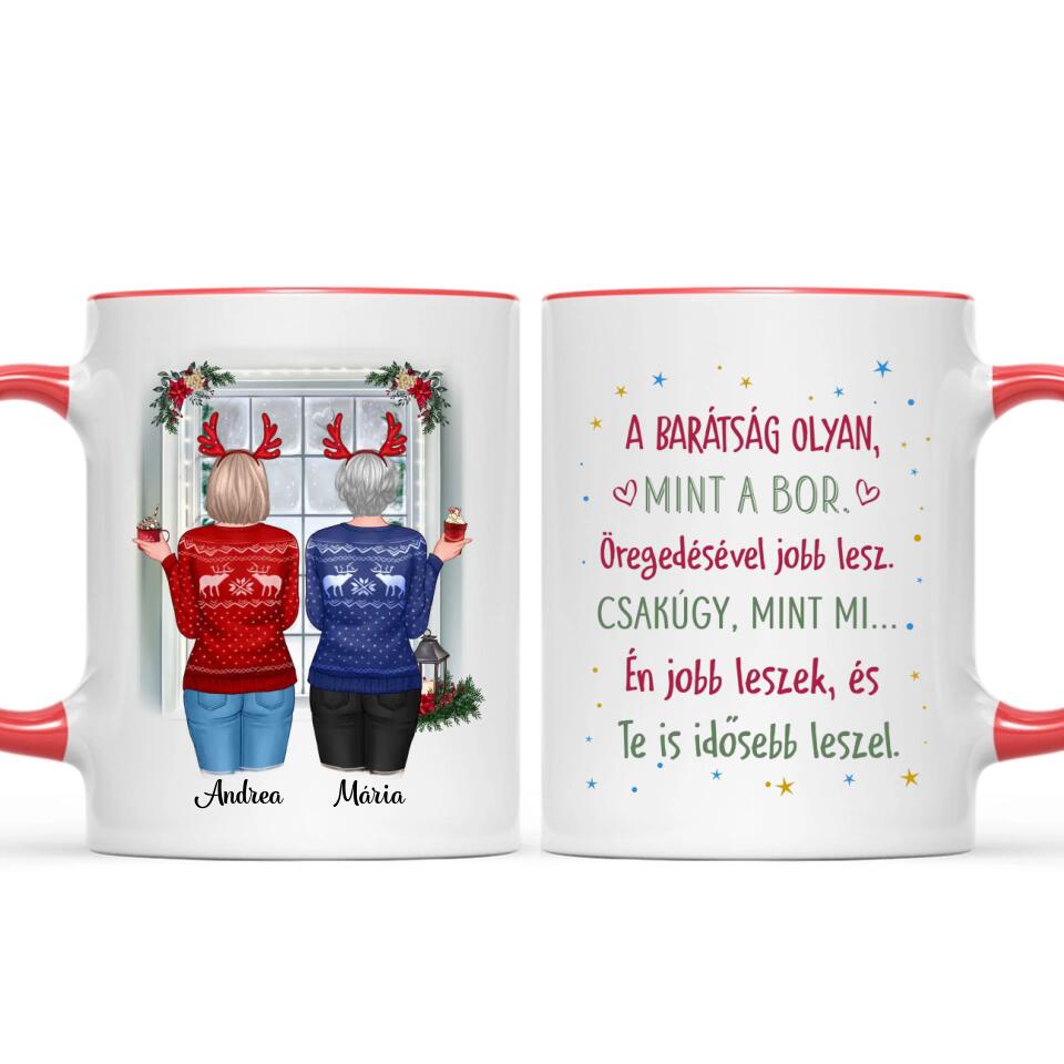 Egyedi karácsonyi bögre barátnőknek - lányok az ablaknál