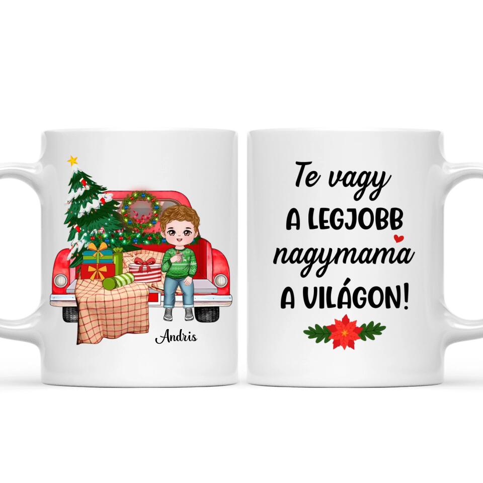 Egyedi karácsonyi bögre nagyszülőknek, akár 4 unokával - gyerekek az autón