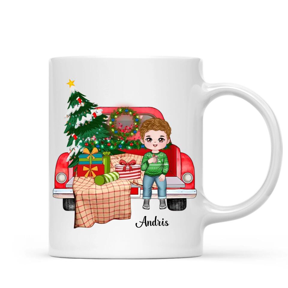 Egyedi karácsonyi bögre nagyszülőknek, akár 4 unokával - gyerekek az autón