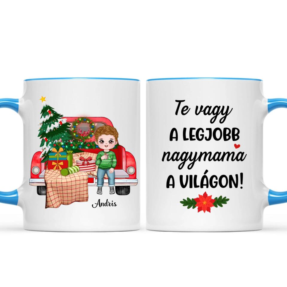 Egyedi karácsonyi bögre nagyszülőknek, akár 4 unokával - gyerekek az autón