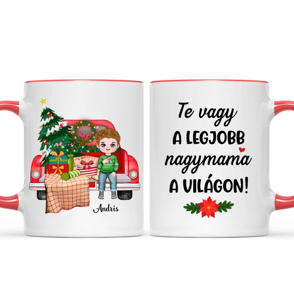 Egyedi karácsonyi bögre nagyszülőknek, akár 4 unokával - gyerekek az autón