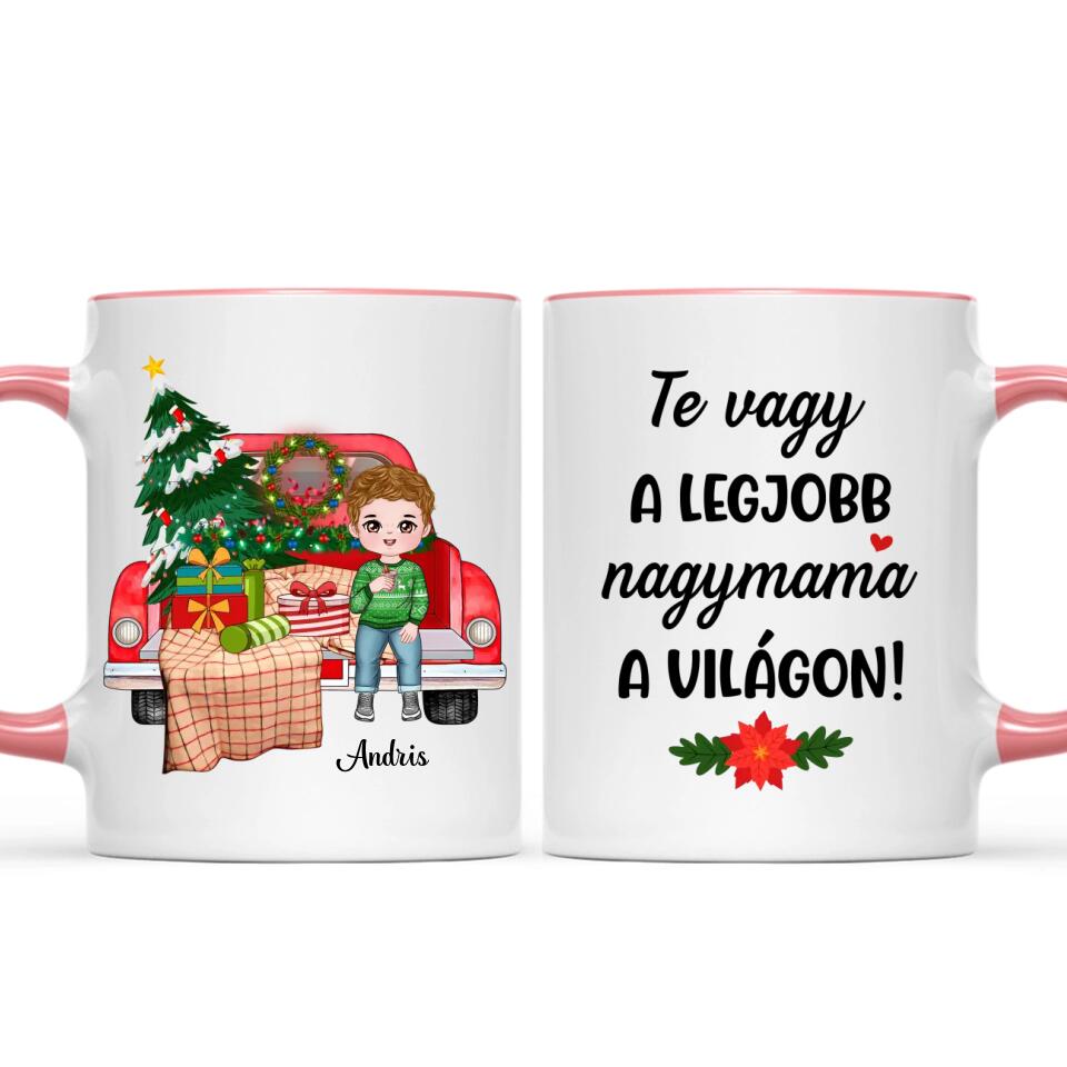 Egyedi karácsonyi bögre nagyszülőknek, akár 4 unokával - gyerekek az autón