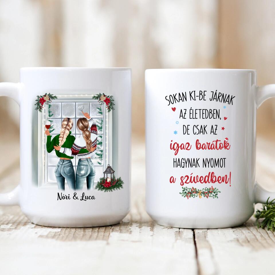 Egyedi karácsonyi bögre barátnőknek - lányok pulcsiban