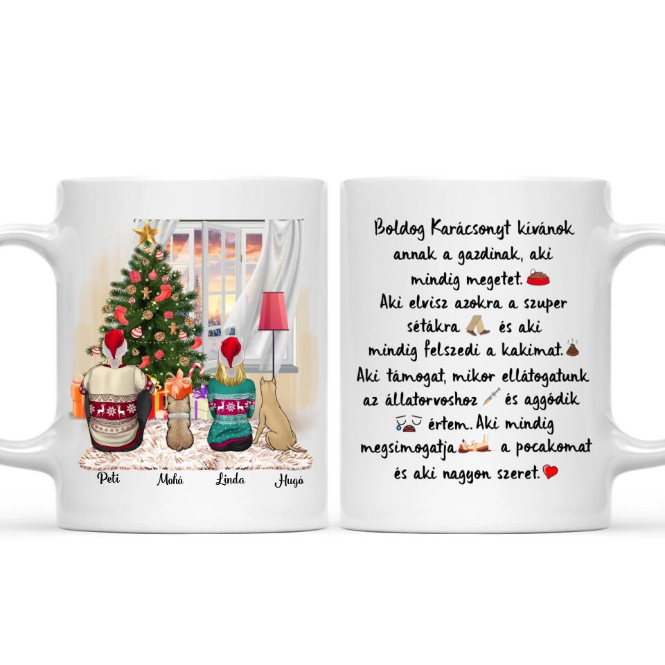 Egyedi kutyás karácsonyi bögre - szerelmespár &amp; 2 kutyus