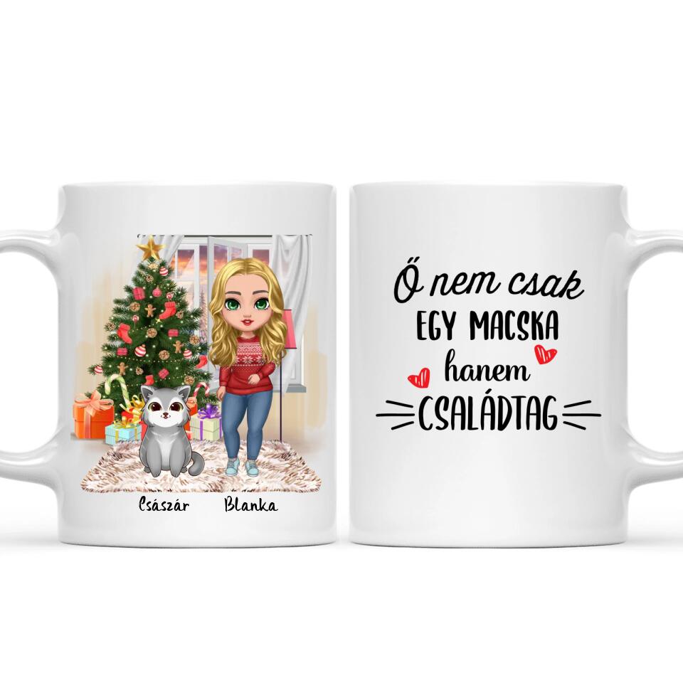 Egyedi karácsonyi cicás bögre - lány macskákkal