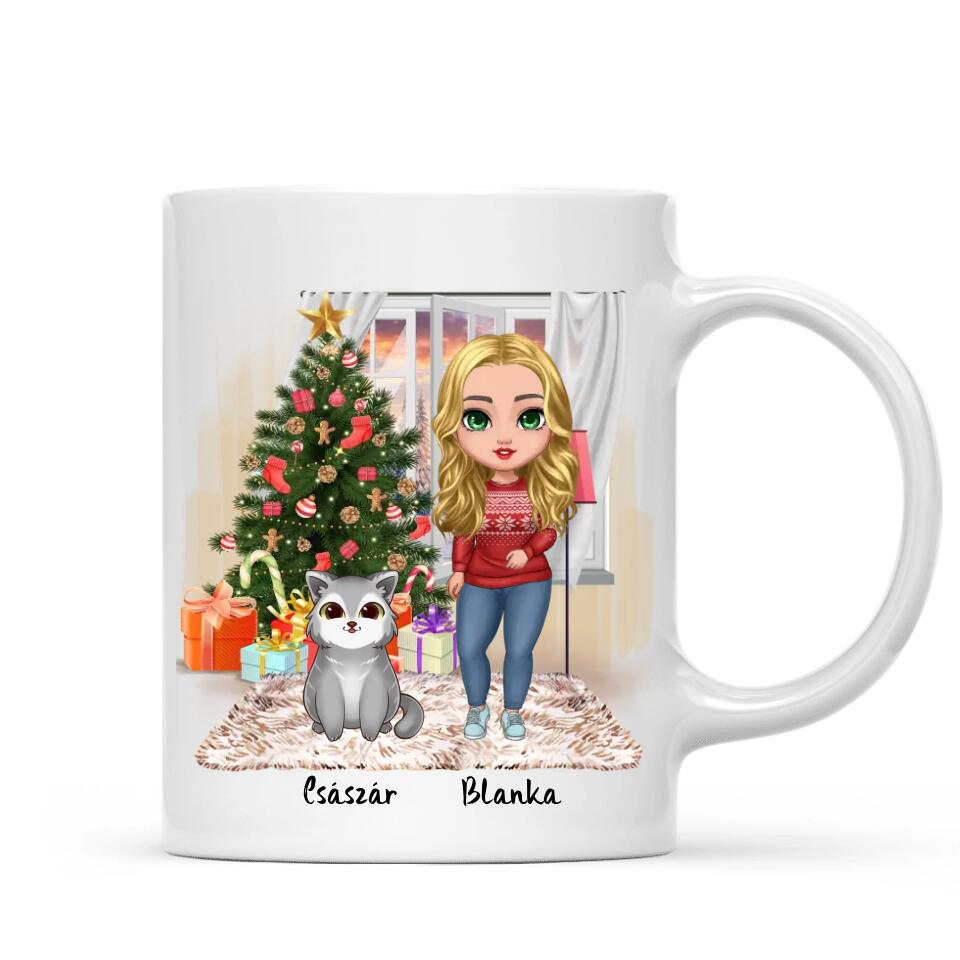 Egyedi karácsonyi cicás bögre - lány macskákkal