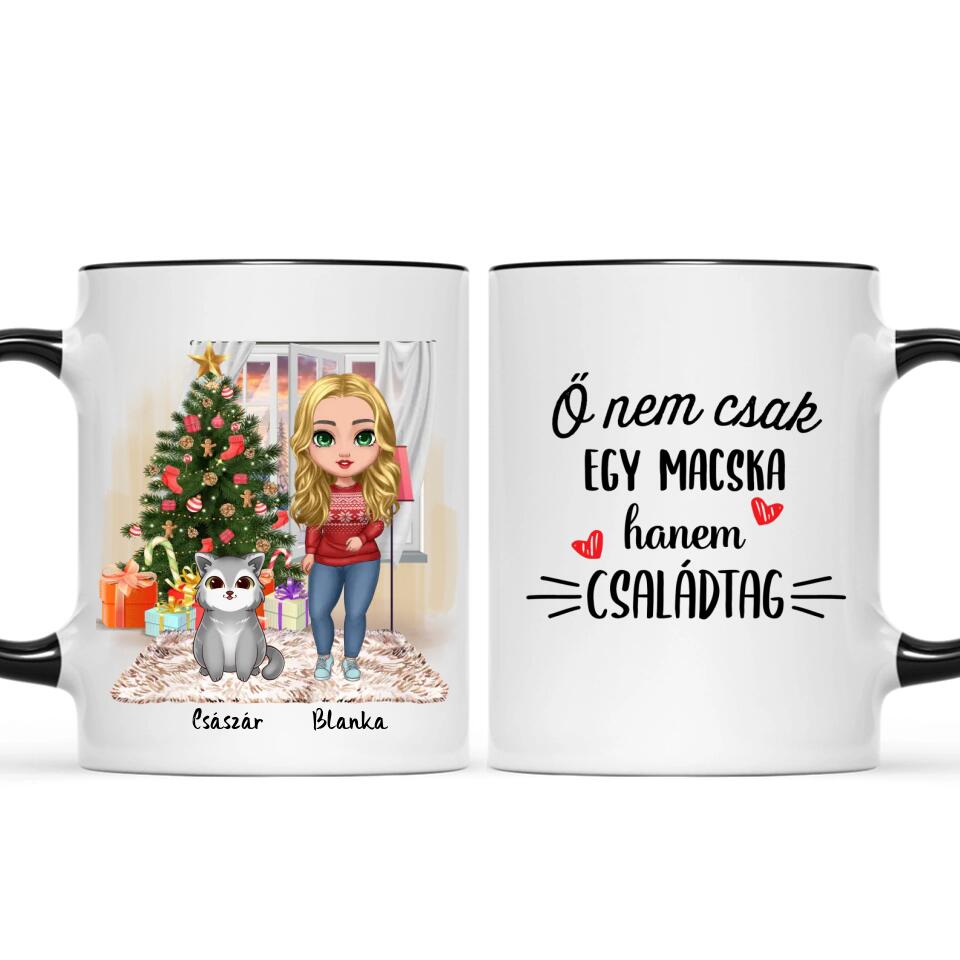 Egyedi karácsonyi cicás bögre - lány macskákkal