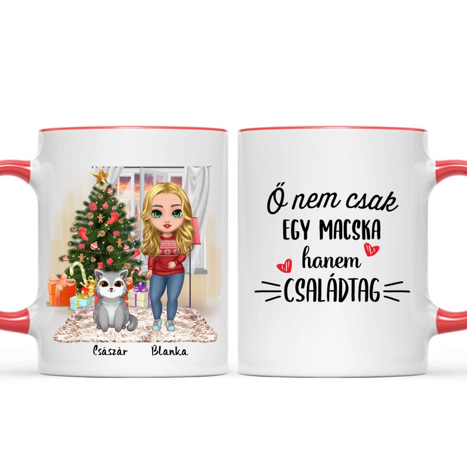 Egyedi karácsonyi cicás bögre - lány macskákkal