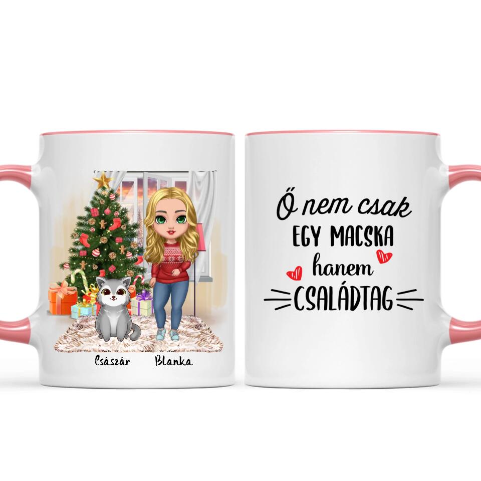 Egyedi karácsonyi cicás bögre - lány macskákkal