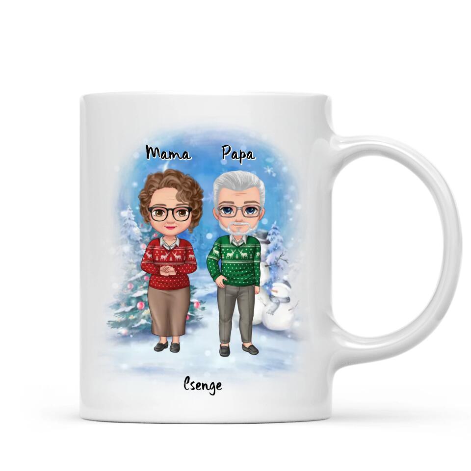 Egyedi karácsonyi, családi bögre nagyszülőknek - akár 4 unokával