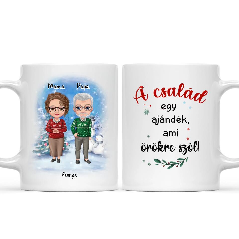 Egyedi karácsonyi, családi bögre nagyszülőknek - akár 4 unokával