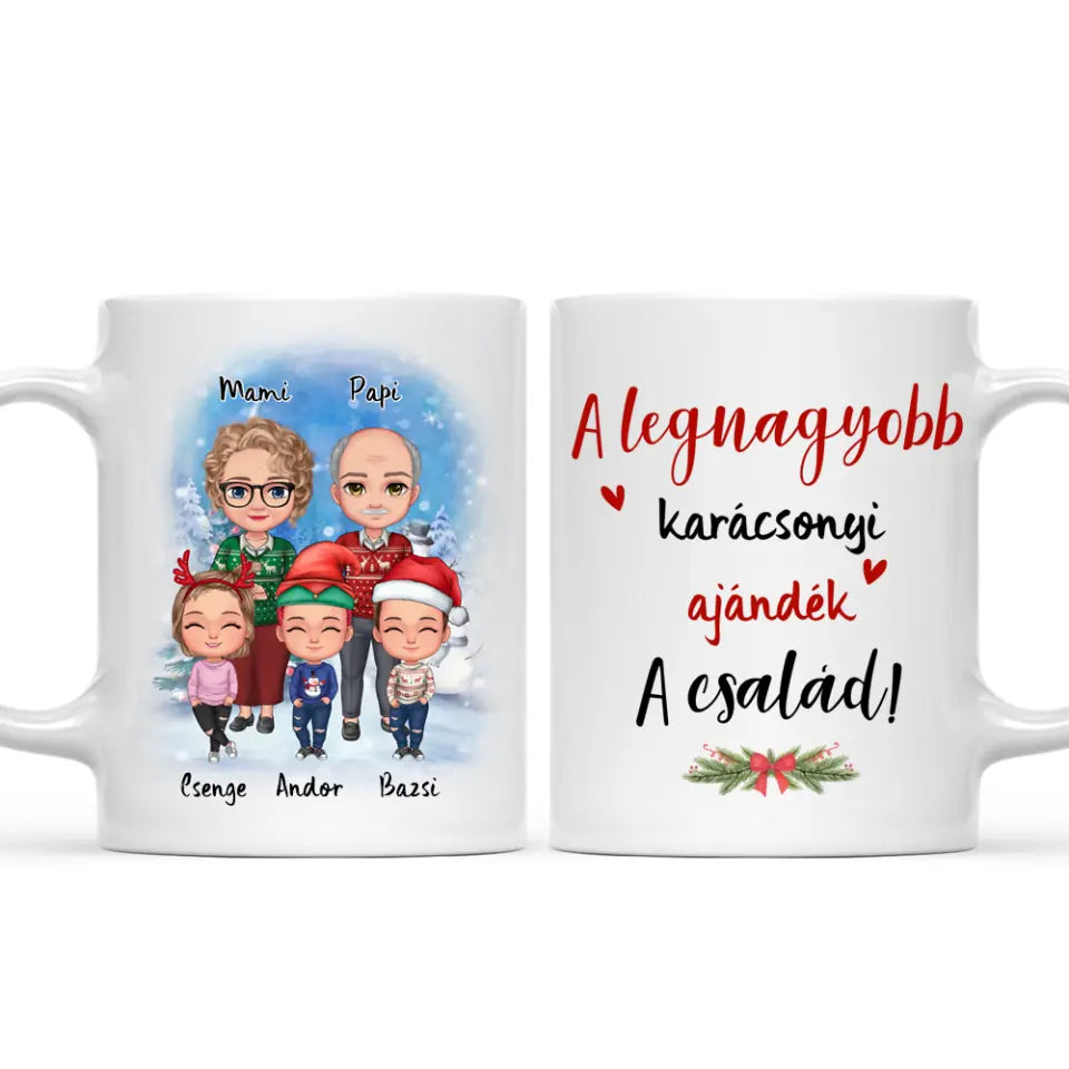 Egyedi karácsonyi, családi bögre nagyszülőknek - akár 4 unokával