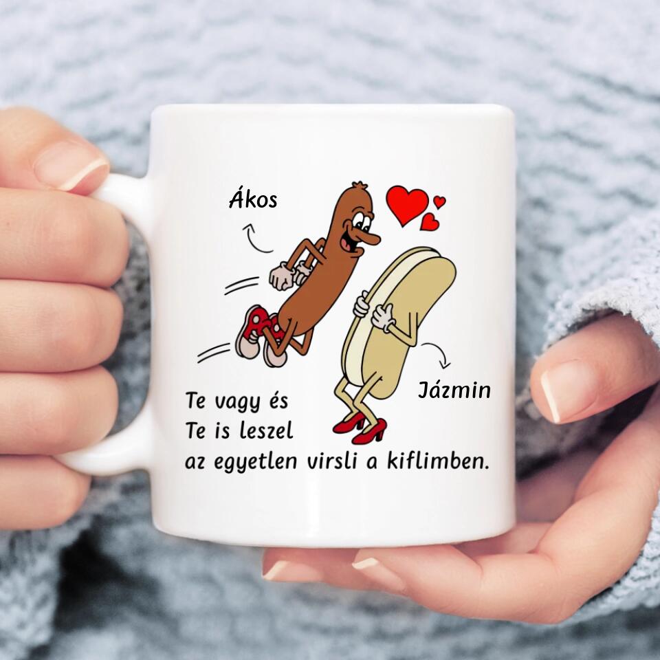 Egyedi vicces bögre szerelmespároknak - virsli &amp; kifli