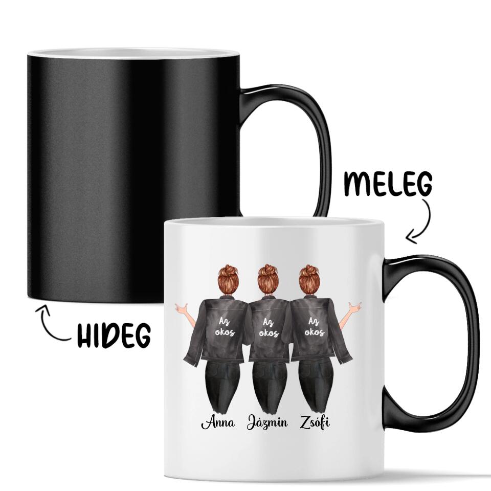 Egyedi barátnős bögre - 3 lány fekete dzsekivel
