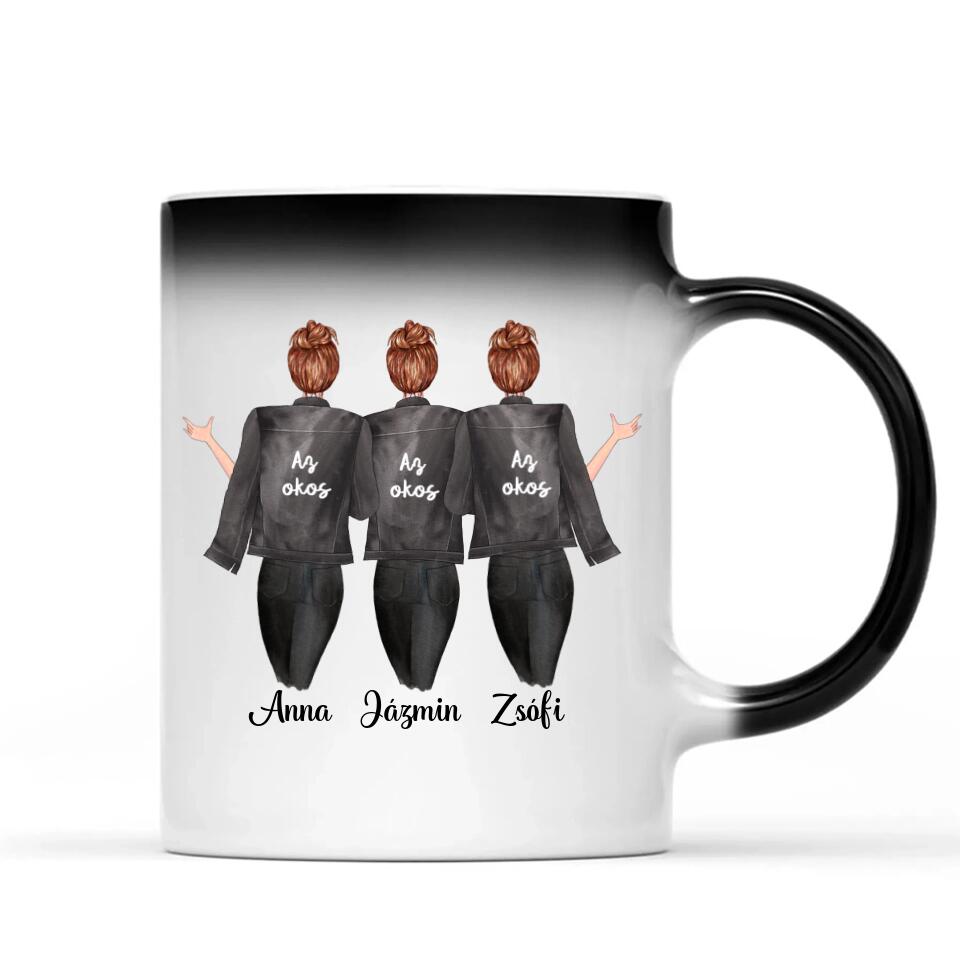 Egyedi barátnős bögre - 3 lány fekete dzsekivel