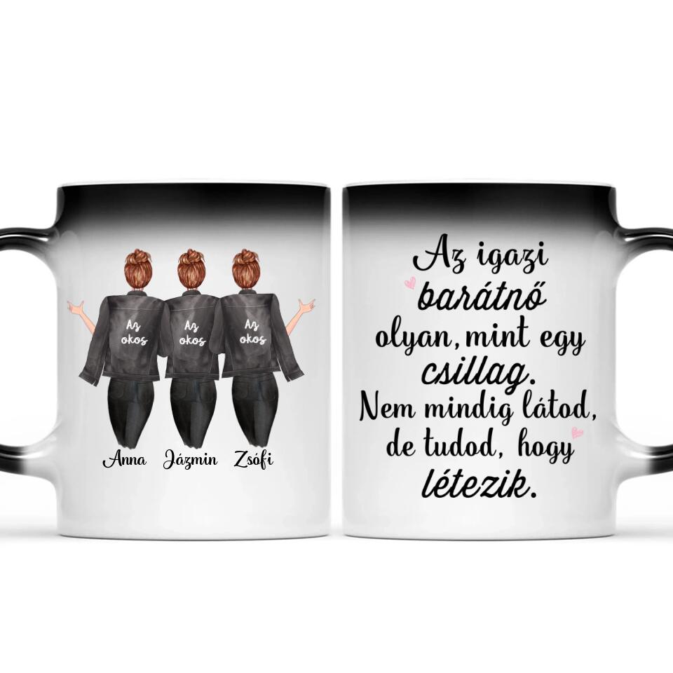 Egyedi barátnős bögre - 3 lány fekete dzsekivel