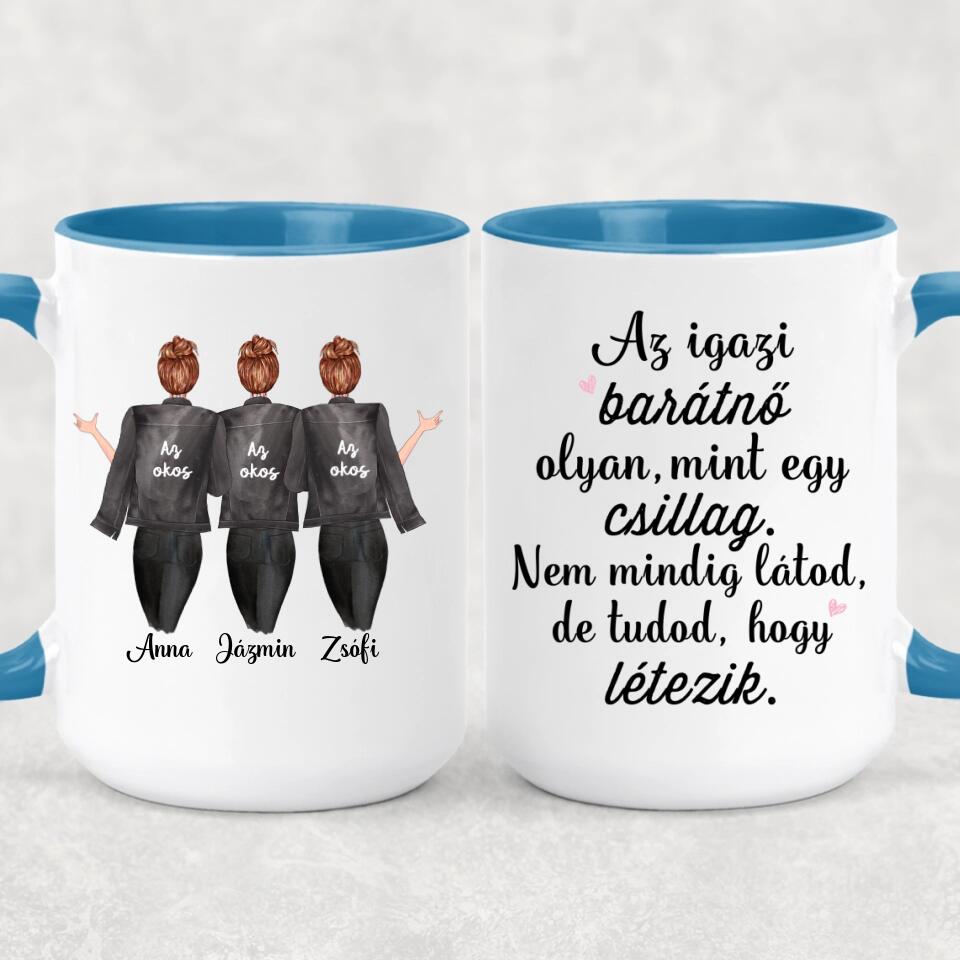 Egyedi barátnős bögre - 3 lány fekete dzsekivel