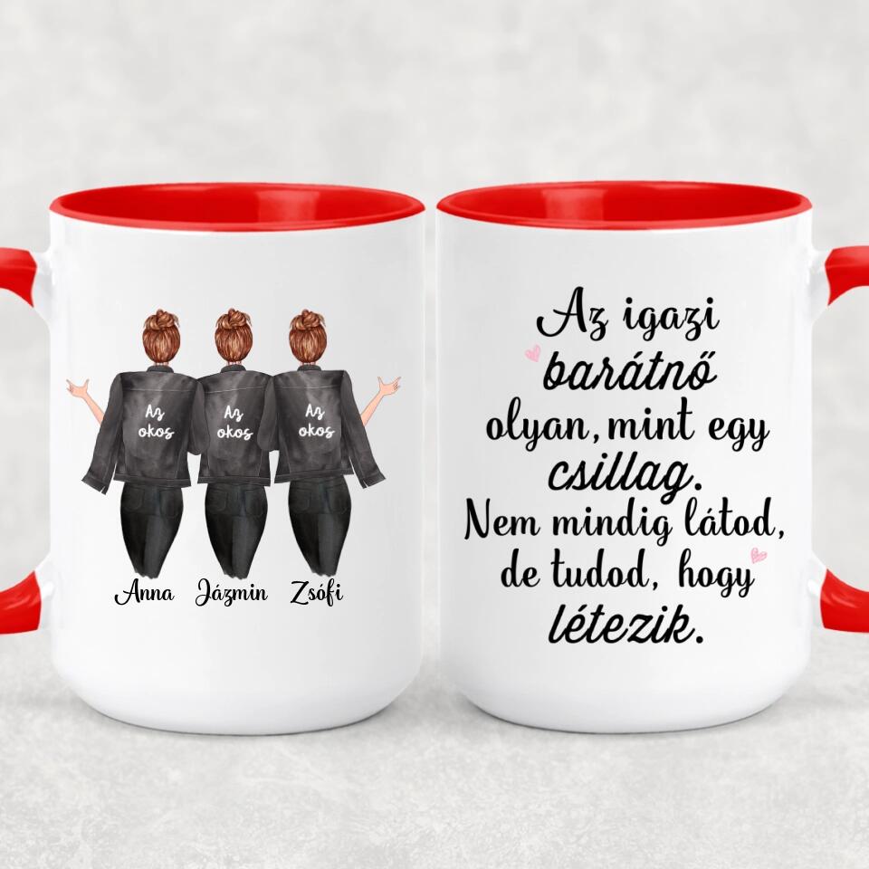 Egyedi barátnős bögre - 3 lány fekete dzsekivel