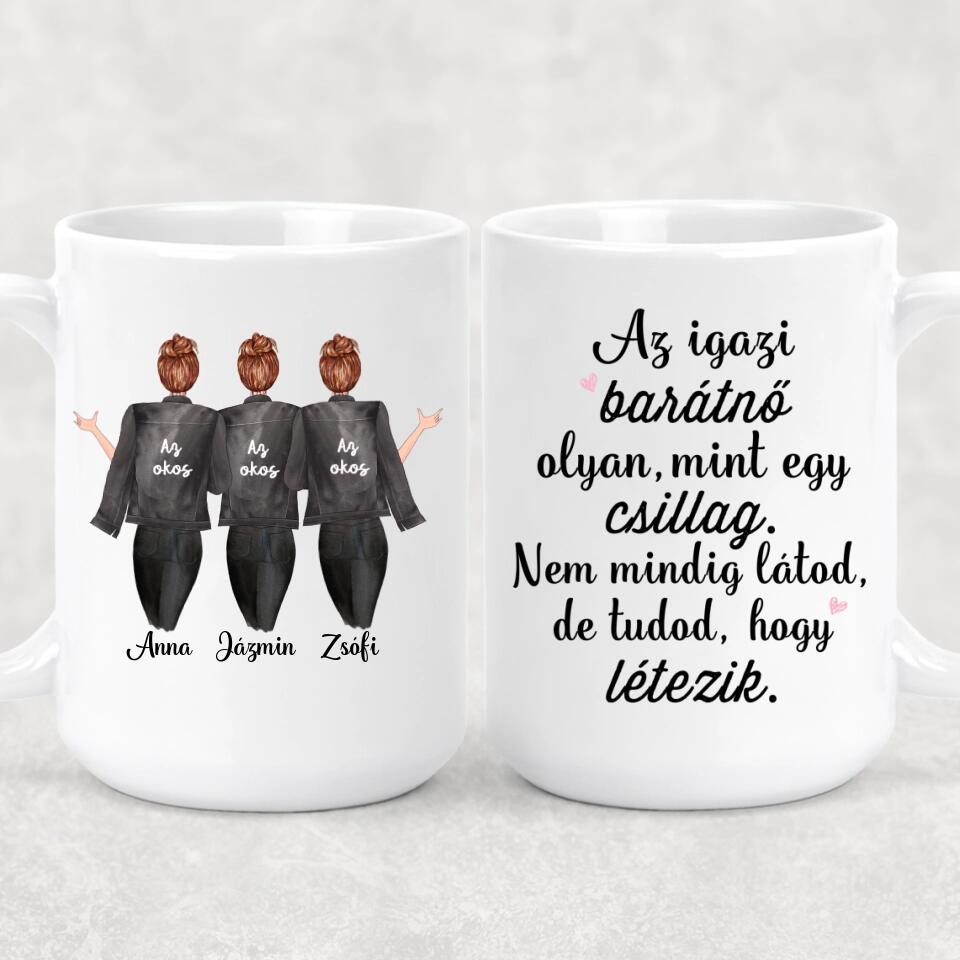 Egyedi barátnős bögre - 3 lány fekete dzsekivel