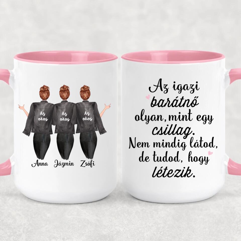 Egyedi barátnős bögre - 3 lány fekete dzsekivel