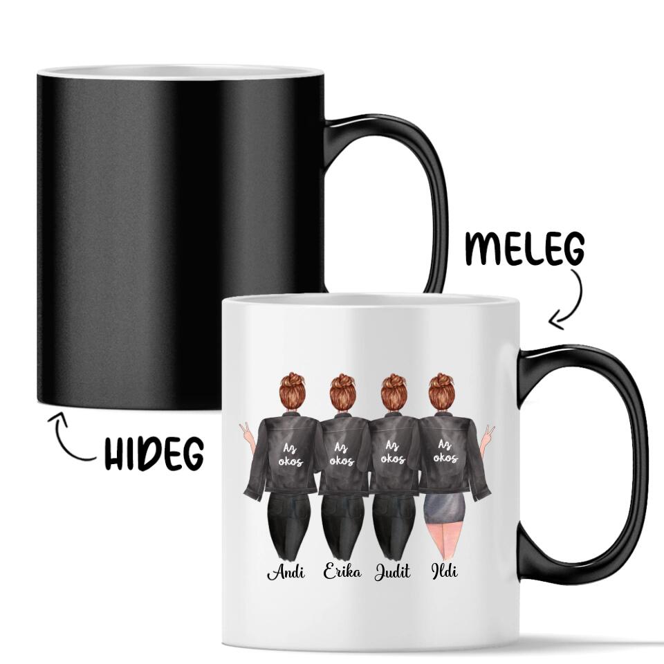 Egyedi barátnős bögre - 4 lány fekete dzsekivel